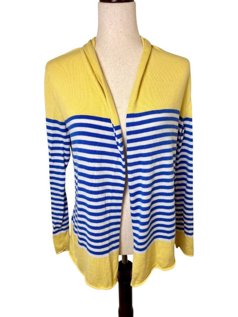 Talbots Yellow Blue Striped Open Front Cardigan Sweater Size Medium